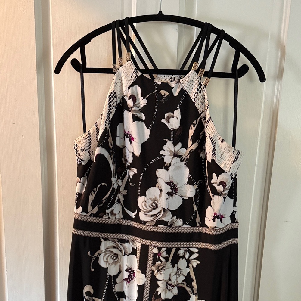 White House Black Market Black and Cream Floral Patterned Maxi Dress